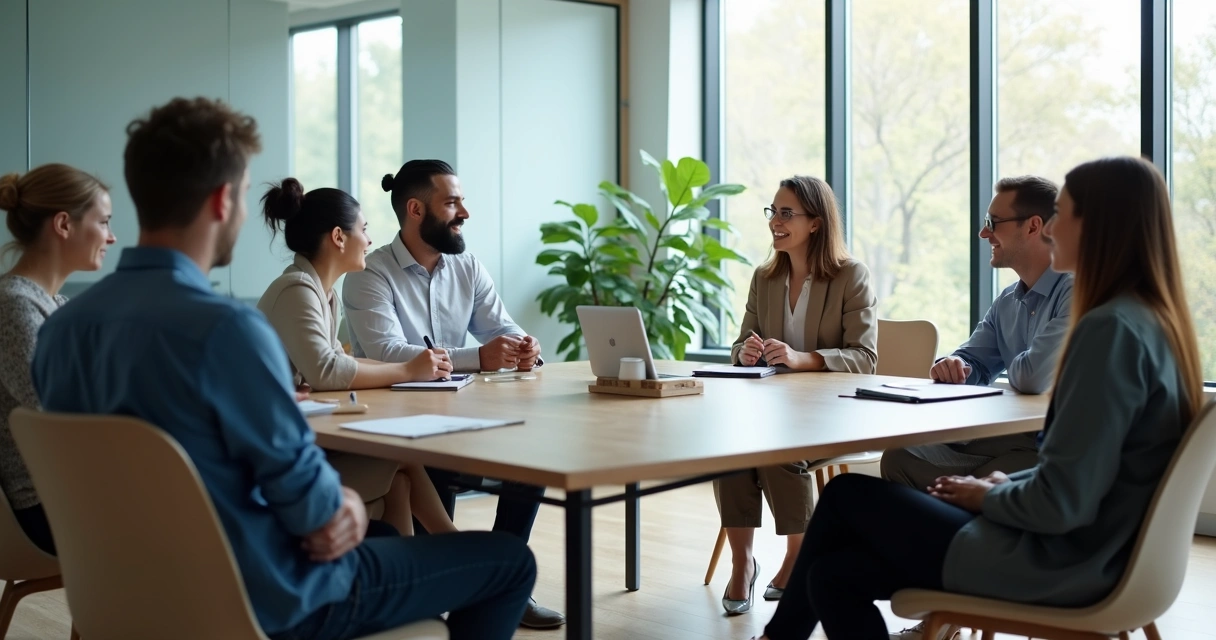 Equipe sentada em círculo em sala de reunião moderna 