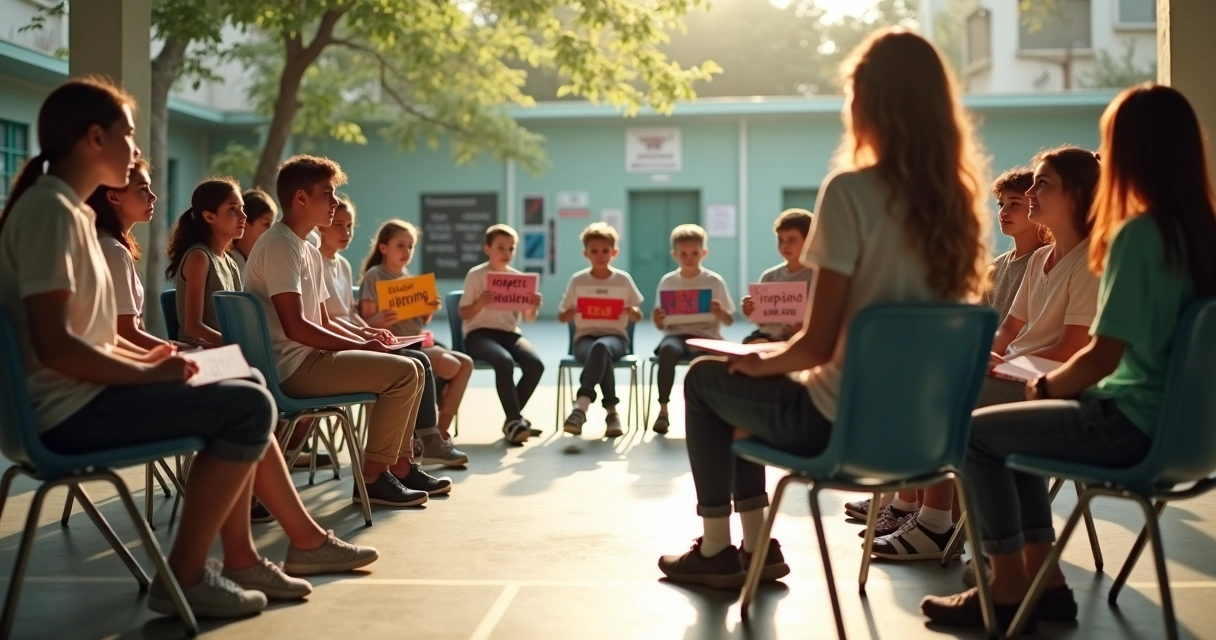 Alunos e educadora em círculo de diálogo em uma quadra escolar 