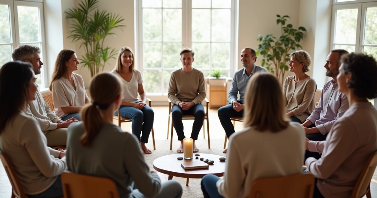 Grupo diverso sentado em círculo em roda de diálogo consciente 