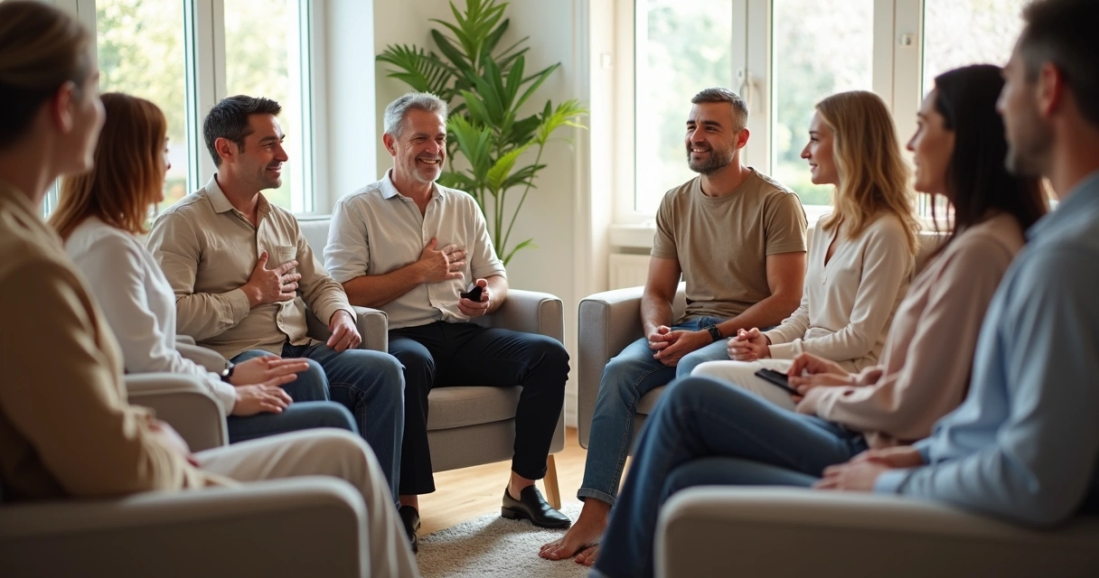 Personas sentadas en círculo en una sala luminosa
