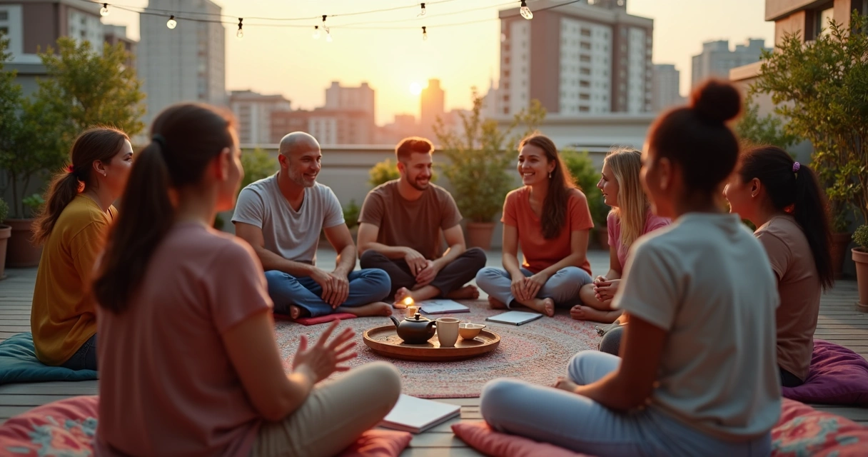 Círculo de pessoas diversas conversando em almofadas coloridas ao ar livre. 