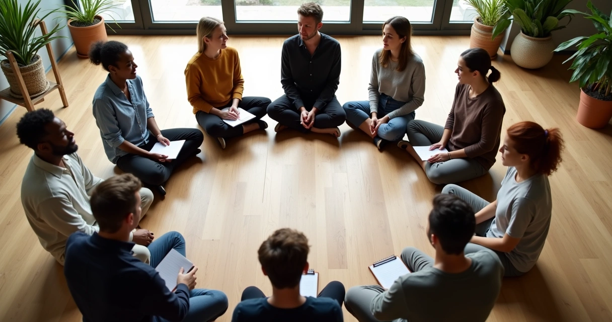 Círculo de personas diversas conversando en una oficina luminosa 