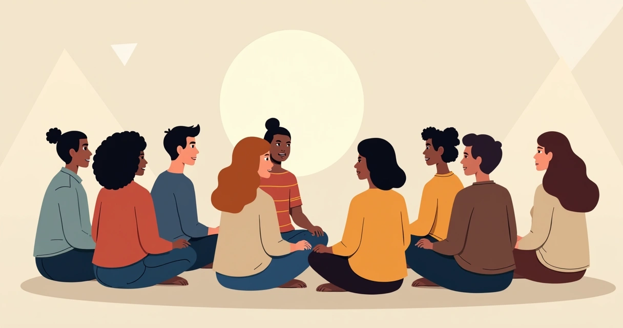 Pessoas em círculo, diferentes contextos, ilustrando diversidade e equidade 