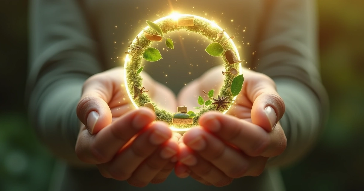 Manos abiertas sosteniendo un círculo luminoso formado por objetos de economía circular 