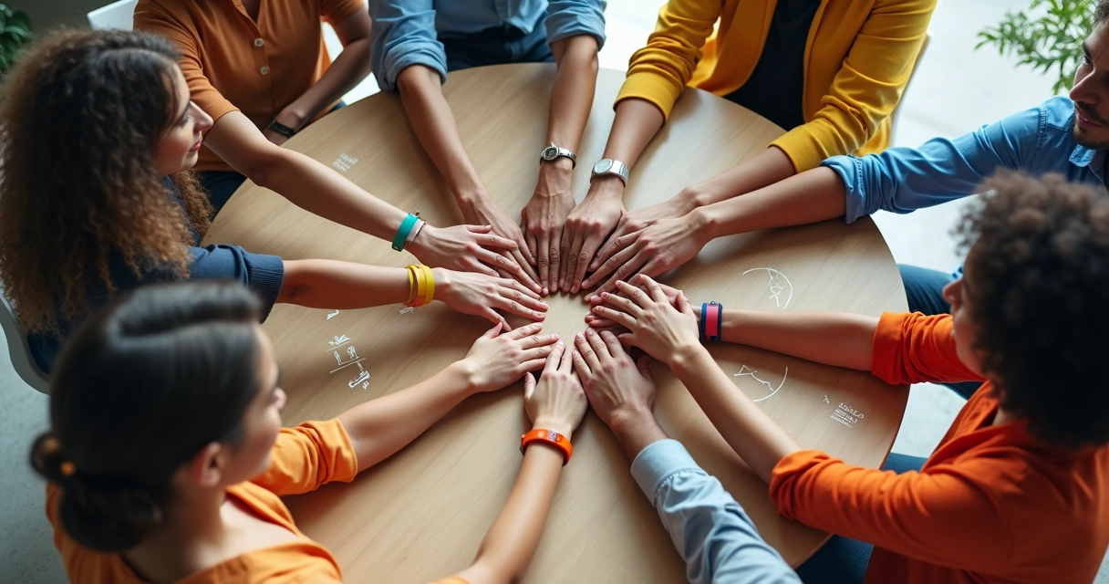 Equipe diversa em círculo unindo mãos coloridas no centro da mesa 