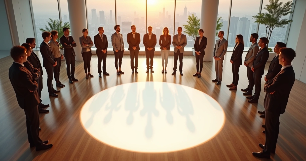 Equipe diversa em círculo em volta de foco de luz no centro do chão 