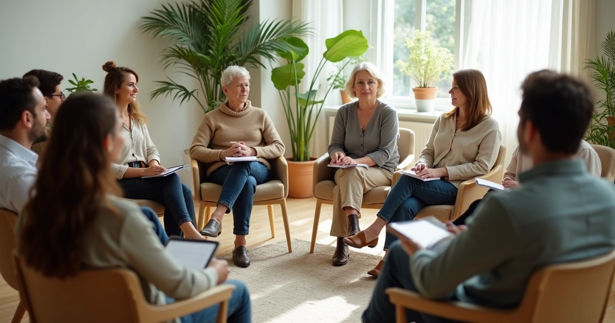 Personas sentadas en círculo en una sala tranquila 