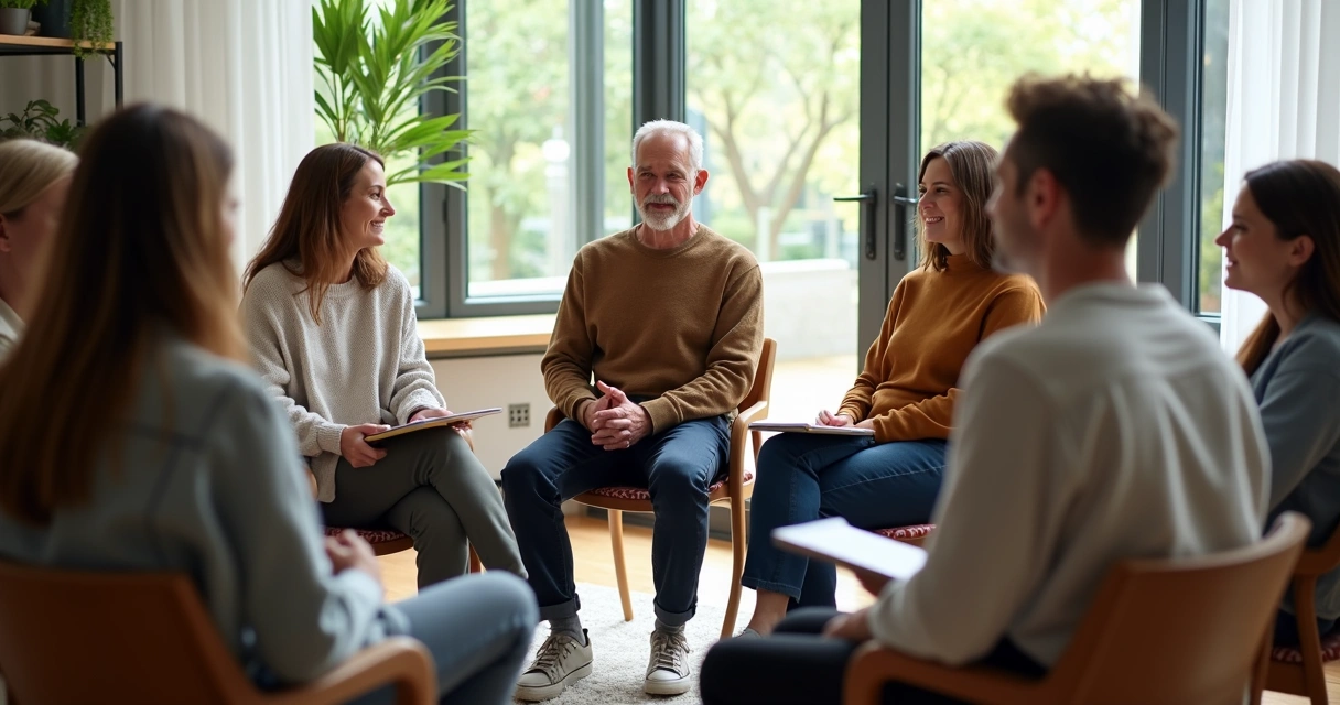 Pessoas sentadas em círculo durante conversa coletiva com ambiente calmo 