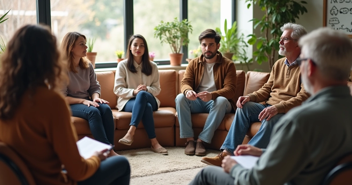 Pessoas em círculo de escuta com ambiente acolhedor