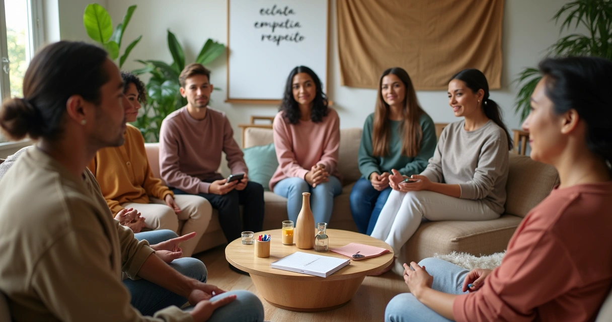 Grupo sentado em círculo em sala acolhedora praticando escuta empática 