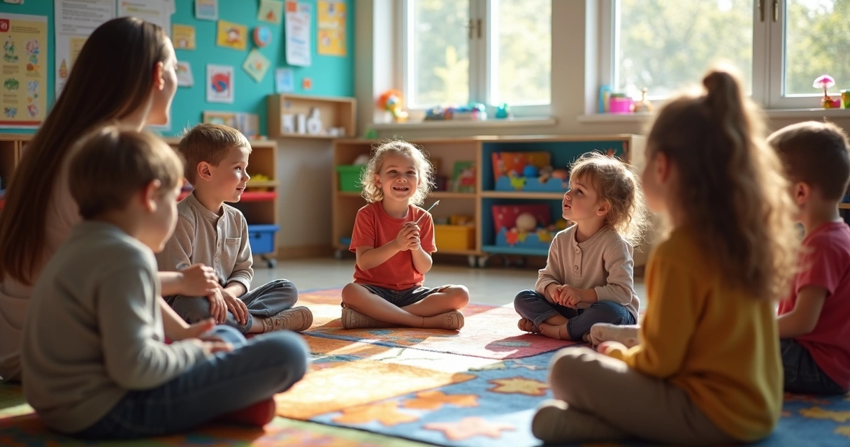 Crianças sentadas em círculo em sala de aula 