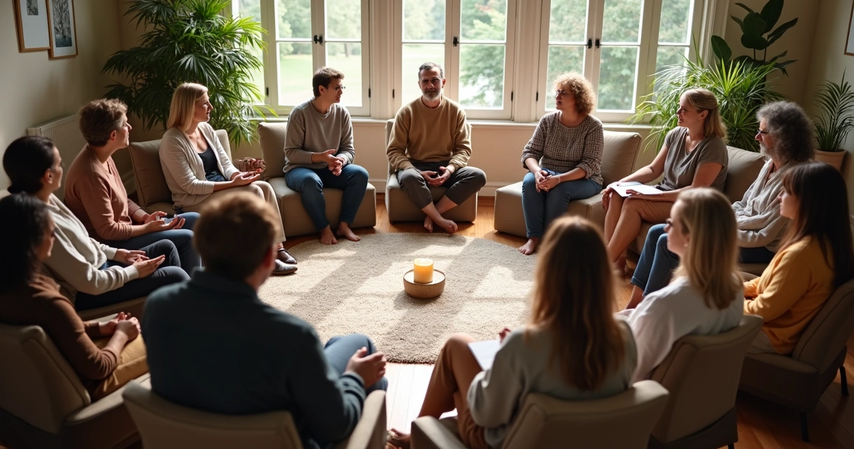 Grupo diverso em círculo de escuta atento em sala acolhedora 