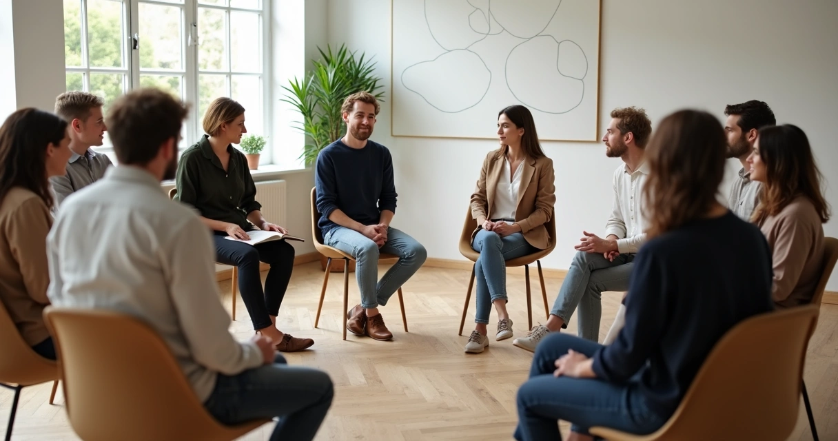 Grupo diverso em círculo de escuta em sala clara reforçando pertencimento 