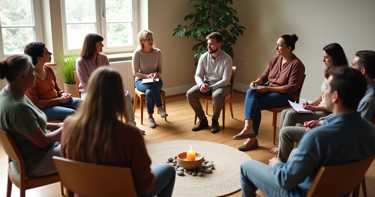 Grupo diverso sentado em círculo em roda de escuta em ambiente acolhedor 