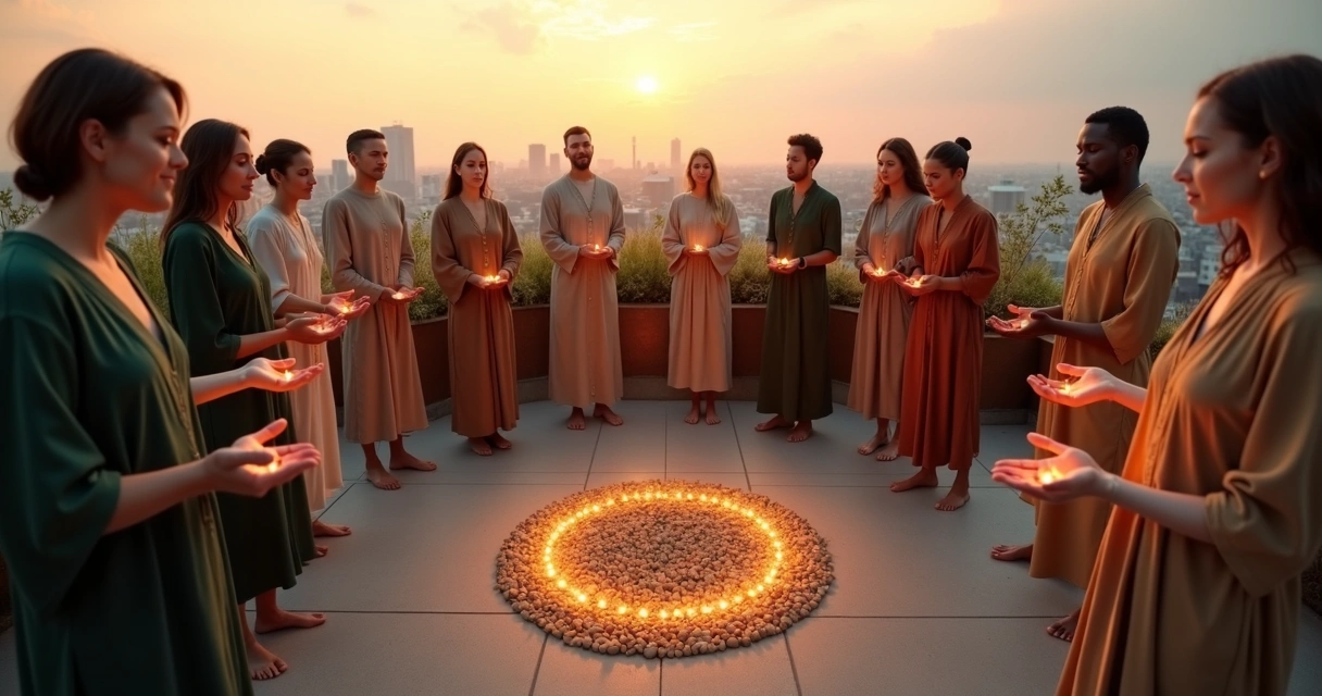 Grupo diverso em círculo ao ar livre conectado por fio de luz dourada 