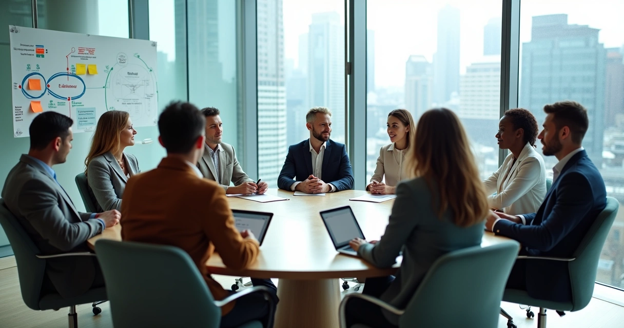 Equipe global em círculo de feedback em sala moderna de reunião 