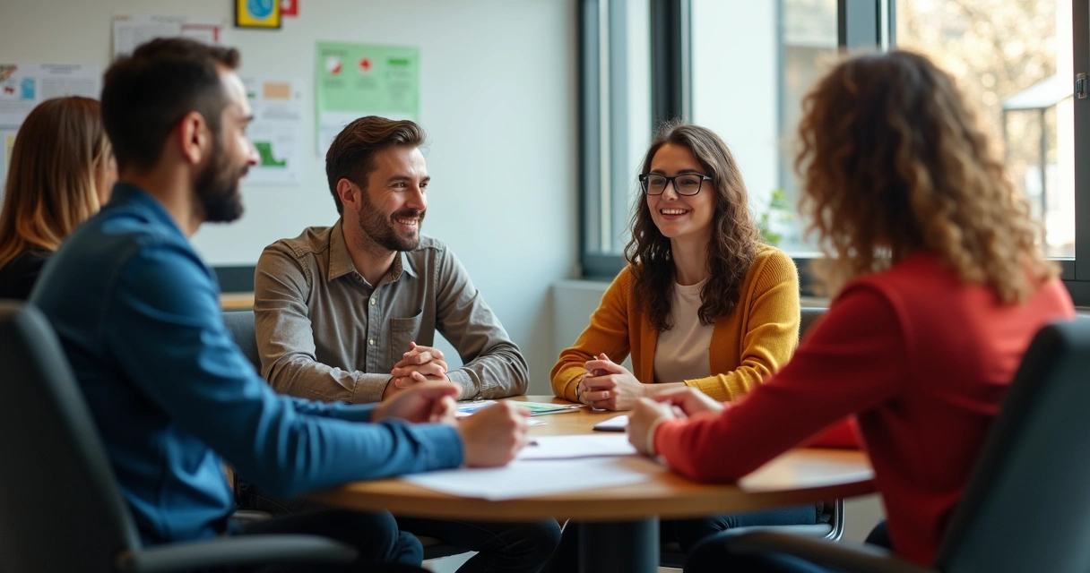 Equipe multicultural sentada em círculo, conversando de forma engajada 