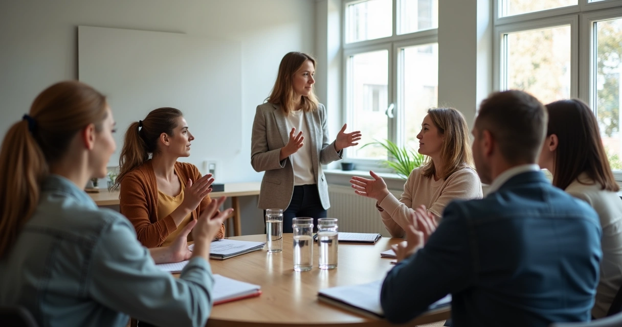 Grupo de pessoas em círculo, facilitador mediando dinâmica 