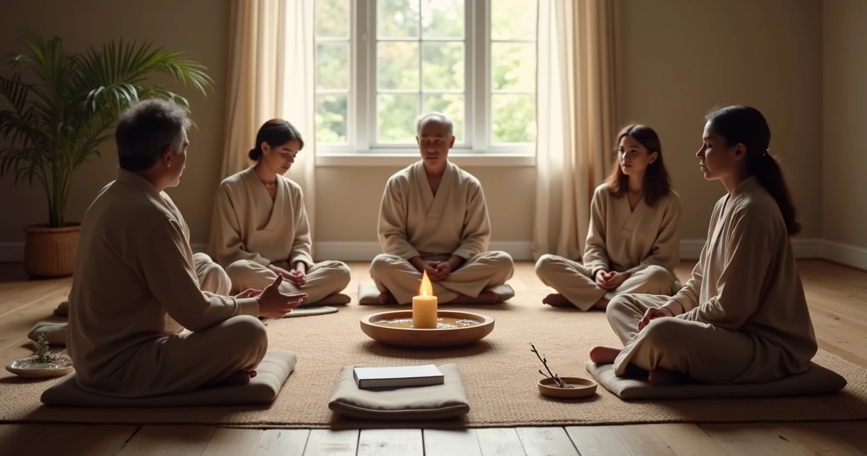 Grupo pequeño en círculo con objetos simples para un ritual de inicio 