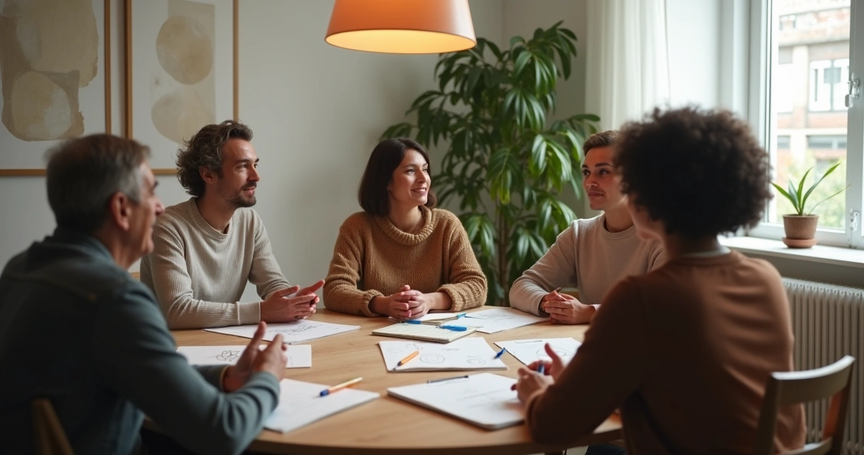 Pequeño grupo reunido en círculo iluminado compartiendo ideas 