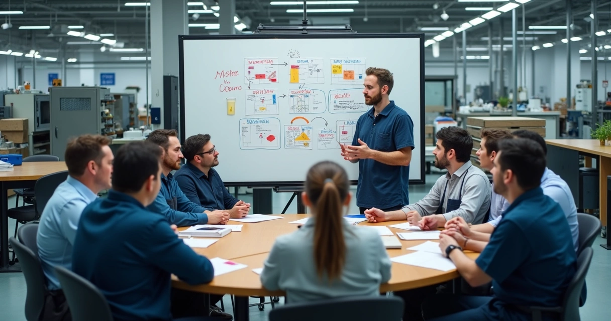 Círculo de melhoria contínua Kaizen em ambiente fabril 