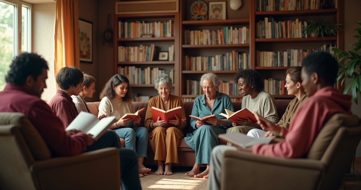 Grupo sentado em círculo lendo poemas 