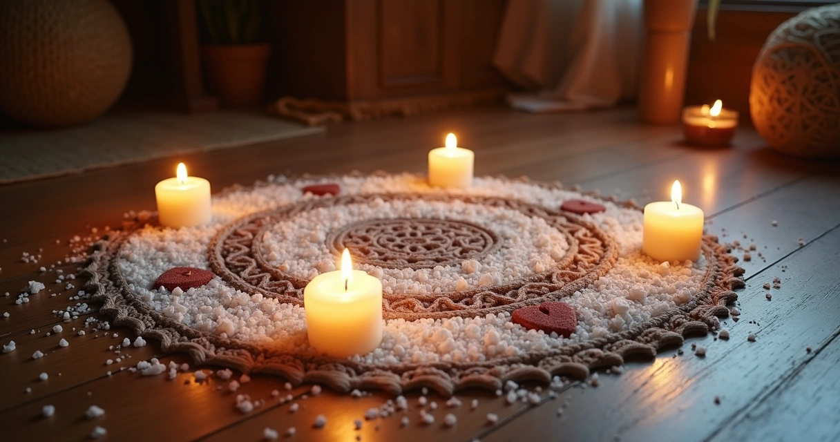 Círculo mágico feito com velas e sal ao redor de tapete mágico 