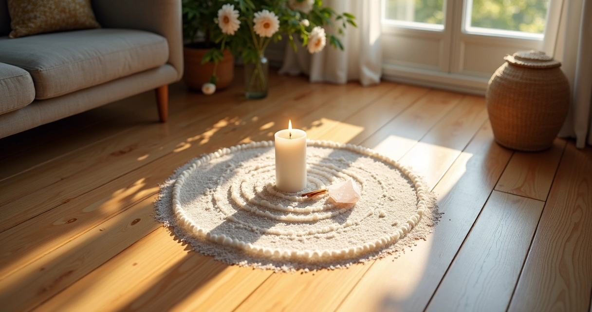 Círculo de sal grosso no chão com vela acesa no centro e objetos de proteção ao redor