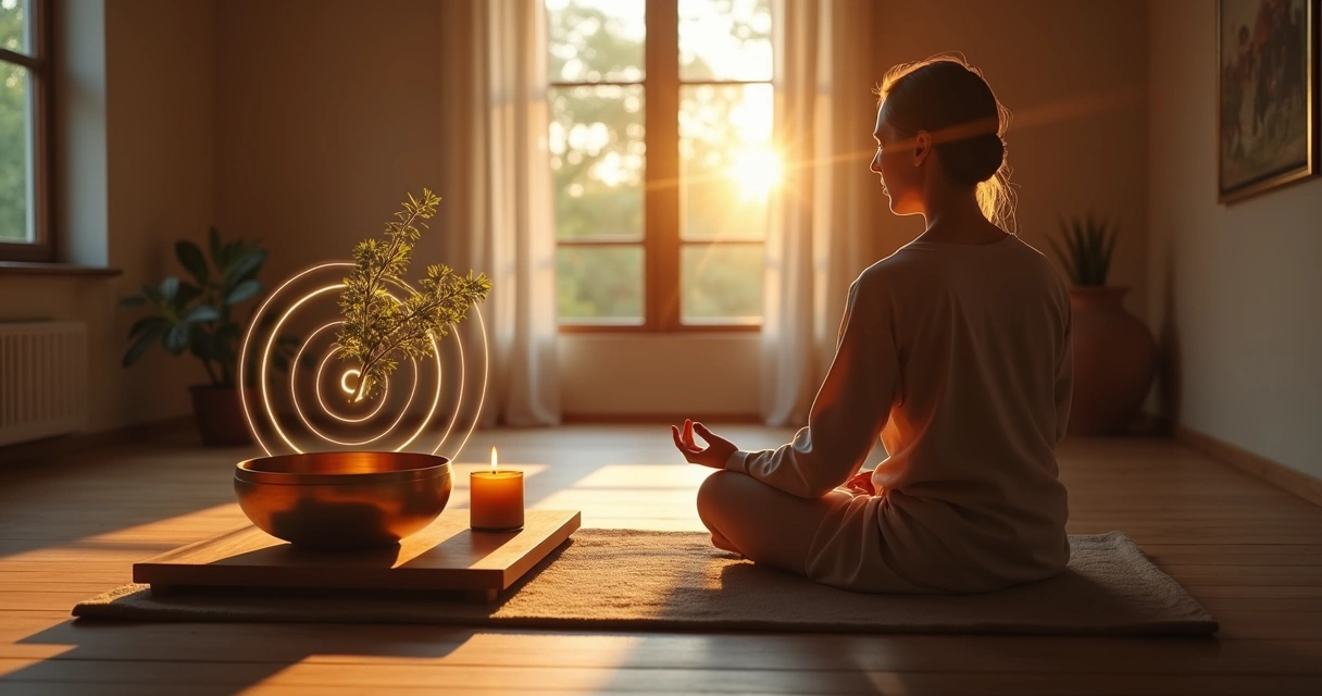 Pessoa meditando com círculo de som em frente a vaso e velas acesas 