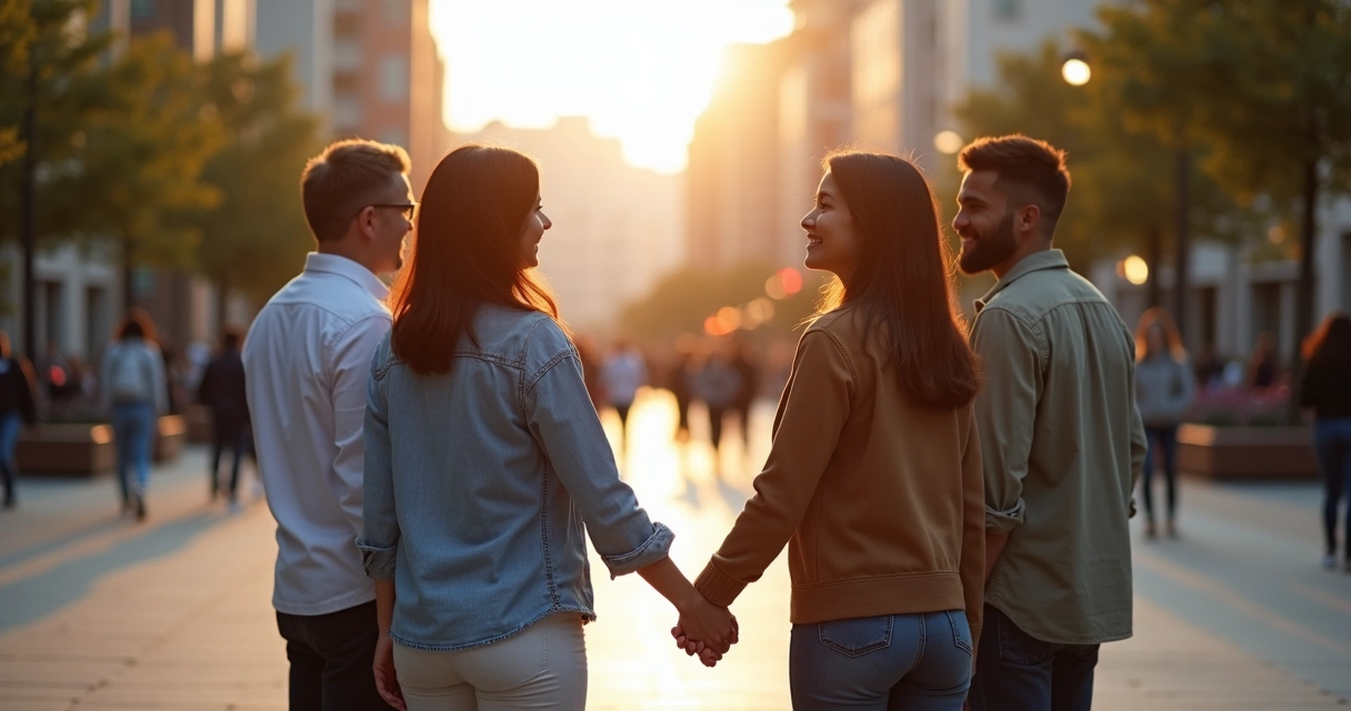 Pessoas formando círculo de mãos dadas em praça urbana ao entardecer 
