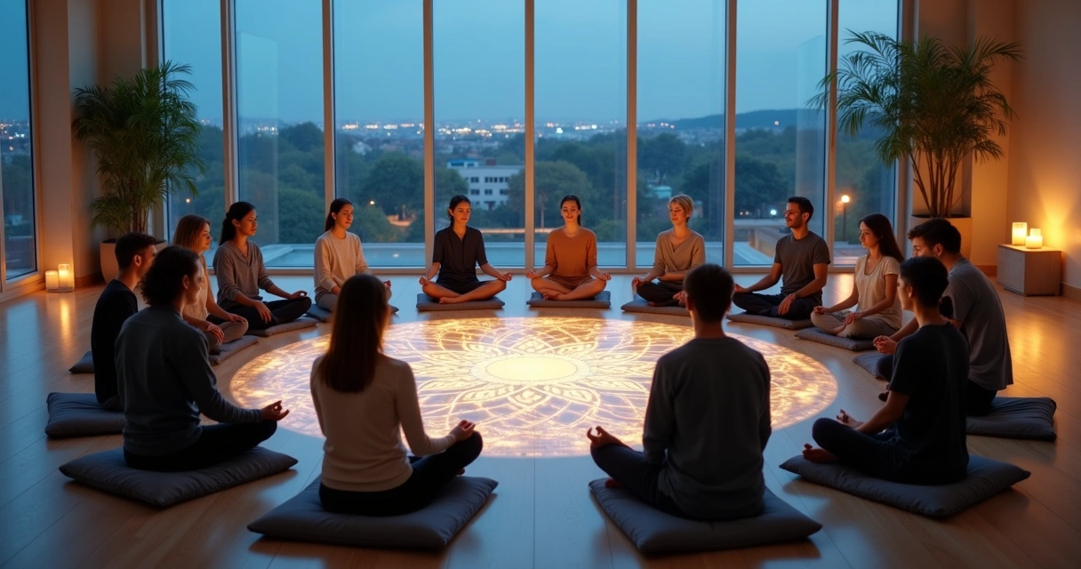 Grupo sentado em círculo meditando ao redor de mandala luminosa no chão 