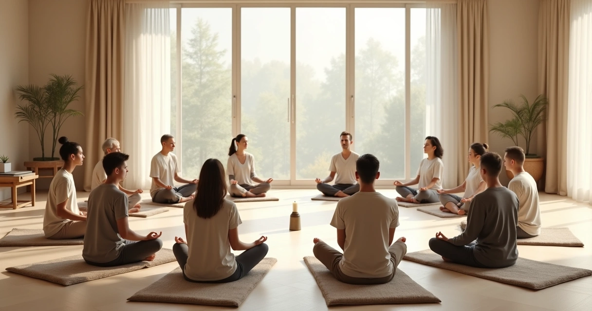 Grupo sentado em círculo durante meditação silenciosa