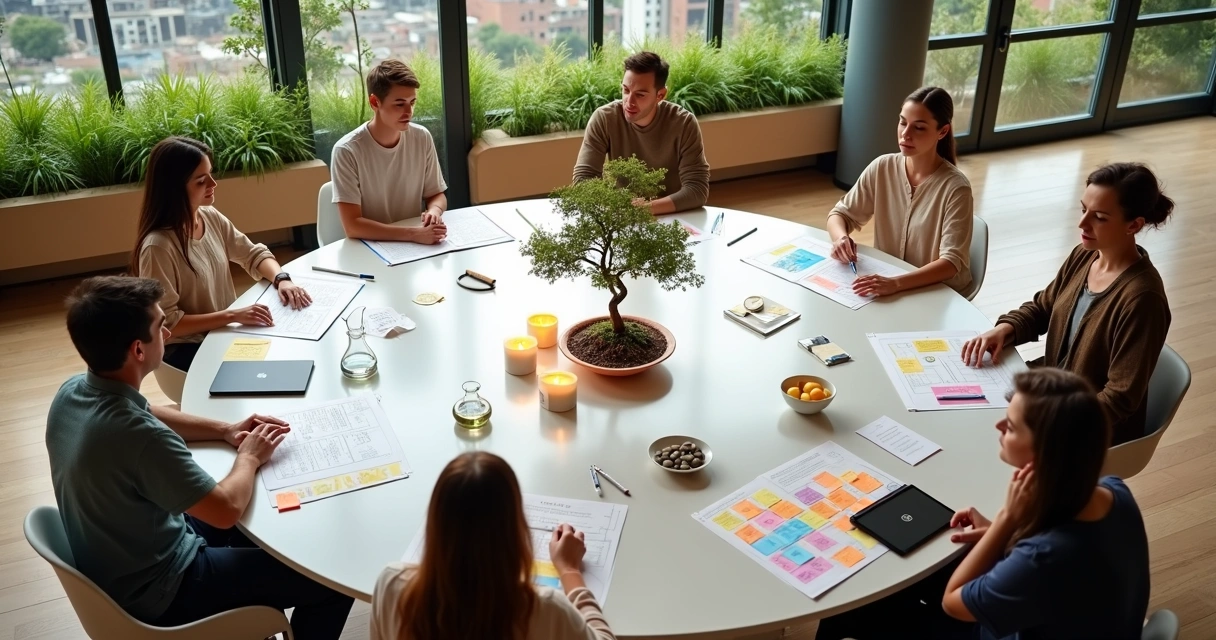 Círculo de trabalho colaborativo com elementos de natureza e tecnologia 