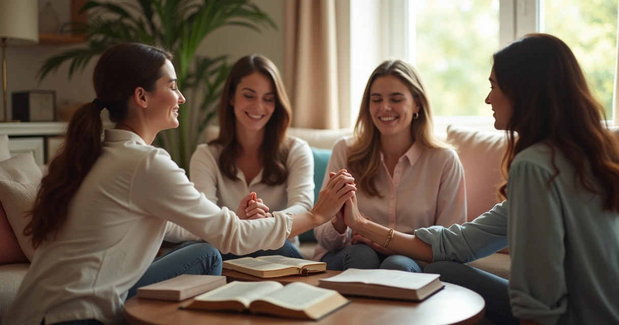 Mulheres de mãos dadas orando em círculo, em ambiente acolhedor 