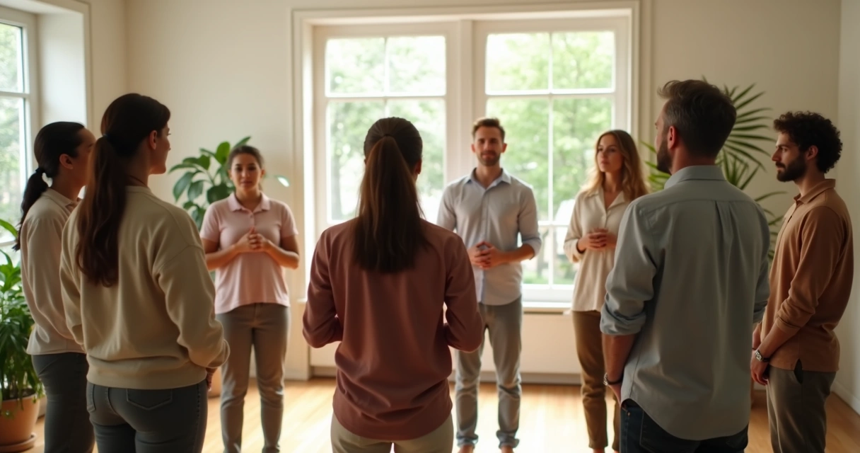 Grupo en círculo haciendo una pausa consciente en una sala luminosa 