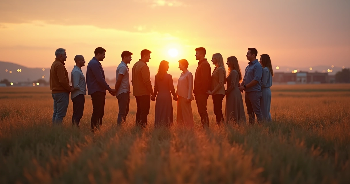 Grupo diverso de personas formando un círculo conectado al atardecer 