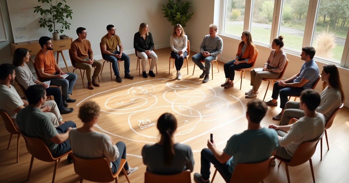 Grupo de personas en círculo con un esquema luminoso en el suelo 