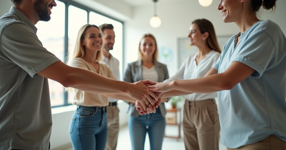 Grupo diverso de personas en círculo uniendo las manos en el centro 