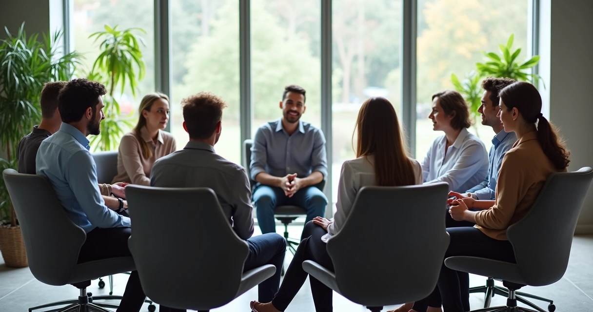 Grupo de empleados sentados en círculo en una oficina luminosa