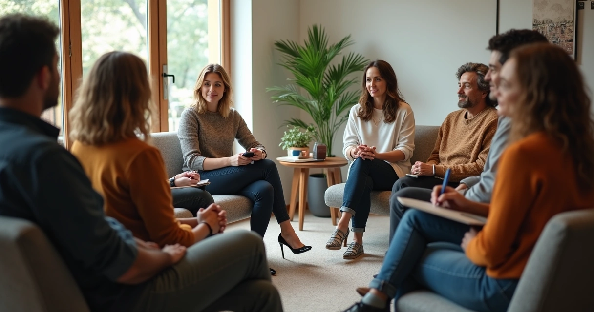Círculo de pessoas sentadas em cadeiras compartilhando histórias de vida 