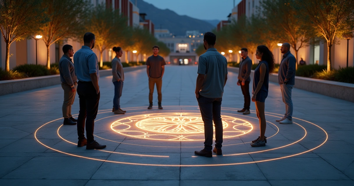 Grupo diverso em círculo de pedra observando símbolo luminoso no chão 
