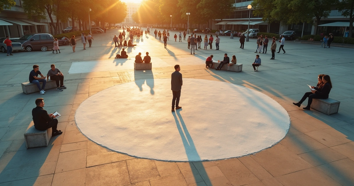 Pessoa em pé no centro de círculo desenhado no chão em praça com grupos ao redor 