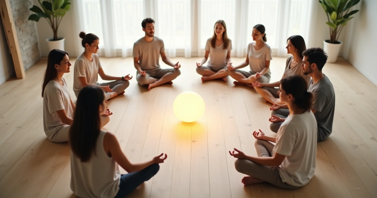 Grupo diverso em círculo visto de cima com luz conectando as mãos 