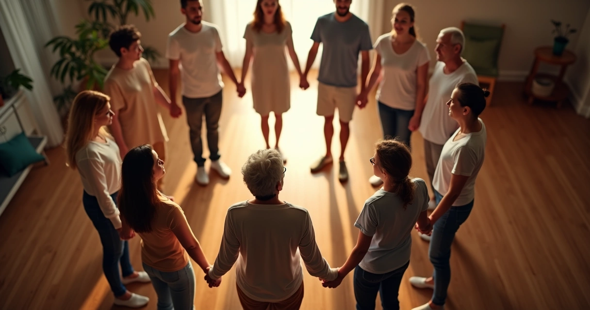 Grupo de pessoas em círculo, mãos dadas, simbolizando conexão coletiva 