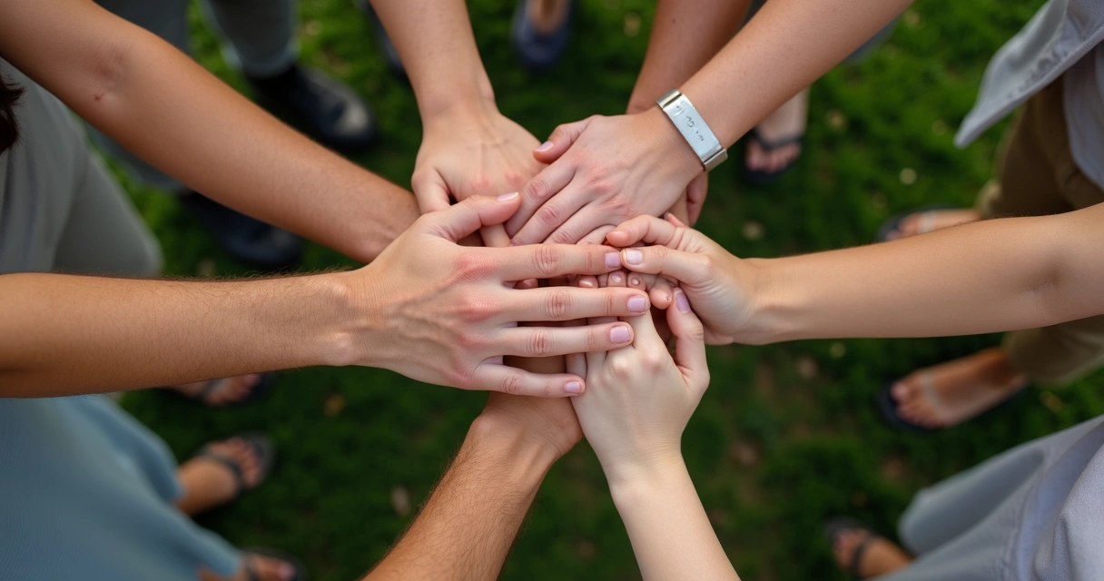 Pessoas em círculo segurando as mãos em ambiente natural e sereno