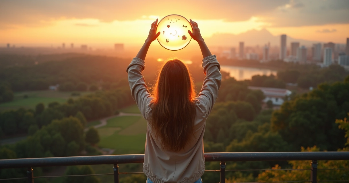 Pessoa em mirante segura círculo luminoso entre natureza e cidade ao fundo 