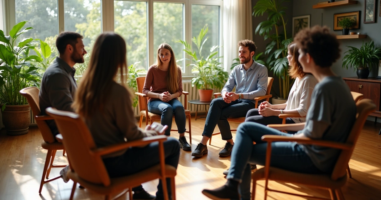 Círculo de personas compartiendo reflexiones en ambiente cálido 