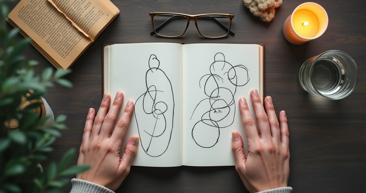 Caderno com diagrama de relações e mãos em reflexão