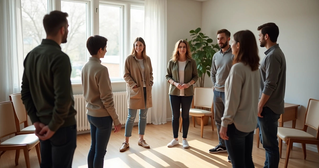 Pessoas em círculo durante dinâmica de constelação sistêmica 