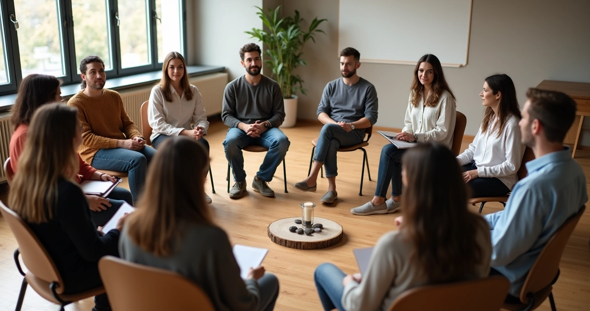 Grupo diverso sentado em círculo em sala iluminada participando de círculo restaurativo 